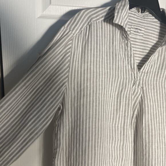 Pure Linen Shirt Women US 8 Brown White Striped Top Long Sleeve Lagenlook Blouse - Picture 2 of 14